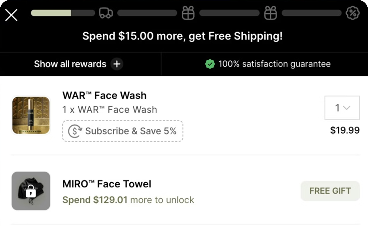 Screenshot of reward tiers and progress bar