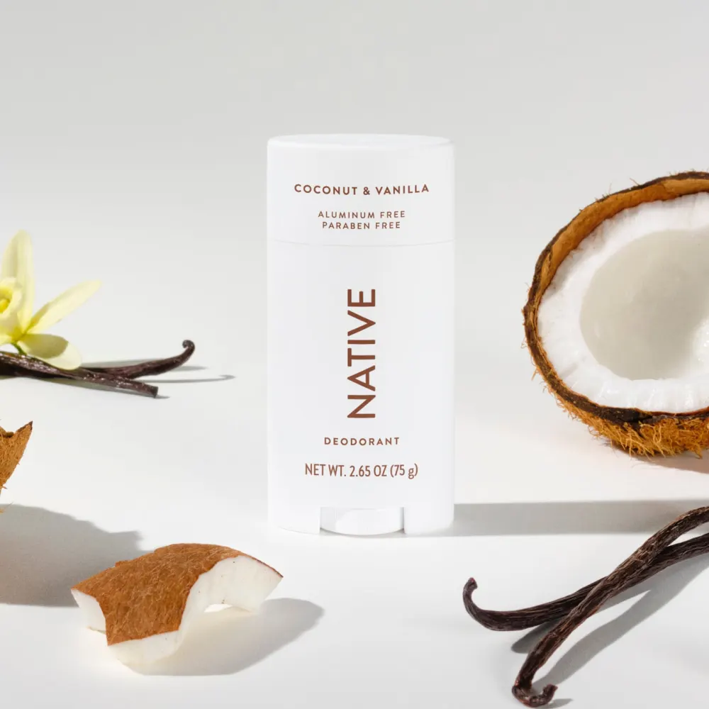 Native Coconut & Vanilla deodorant stick with coconut and vanilla beans
