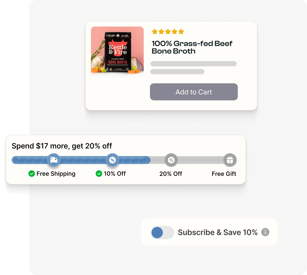 Boost app interface showing a cart upsell for 100% Grass-fed Beef Bone Broth, a progress bar offering rewards like free shipping and discounts, and a toggle for Subscribe & Save 10%