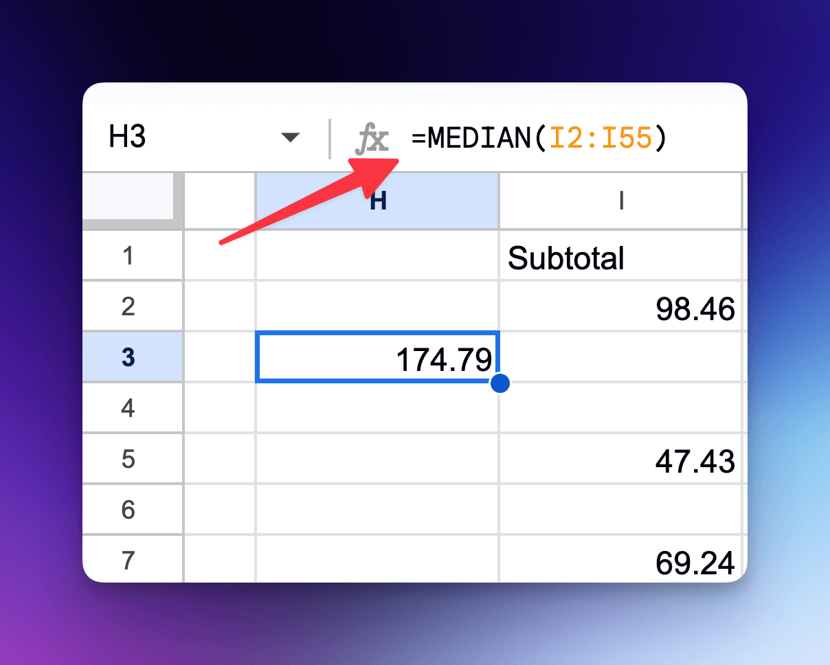 How to calculate the median subtotal in Google Sheets