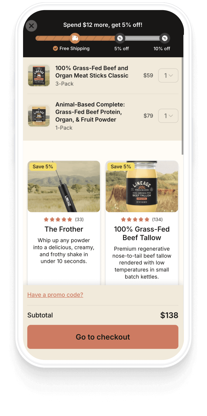 Mobile cart showing a progress bar with free-shipping and discount milestones, product add-on suggestions, and a checkout button.