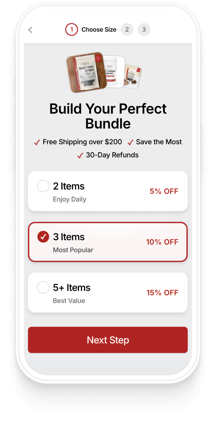Mobile bundle builder screen titled 'Build Your Perfect Bundle', showing size selection options with discounts for 2, 3, or 5+ items.
